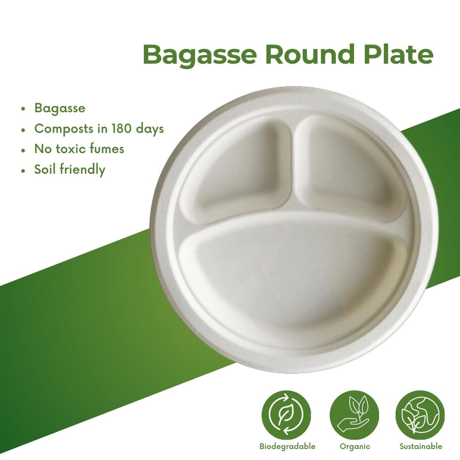 100% Bio Bagasse Plates-9Inch-3Compartment-800Pcs/CTN