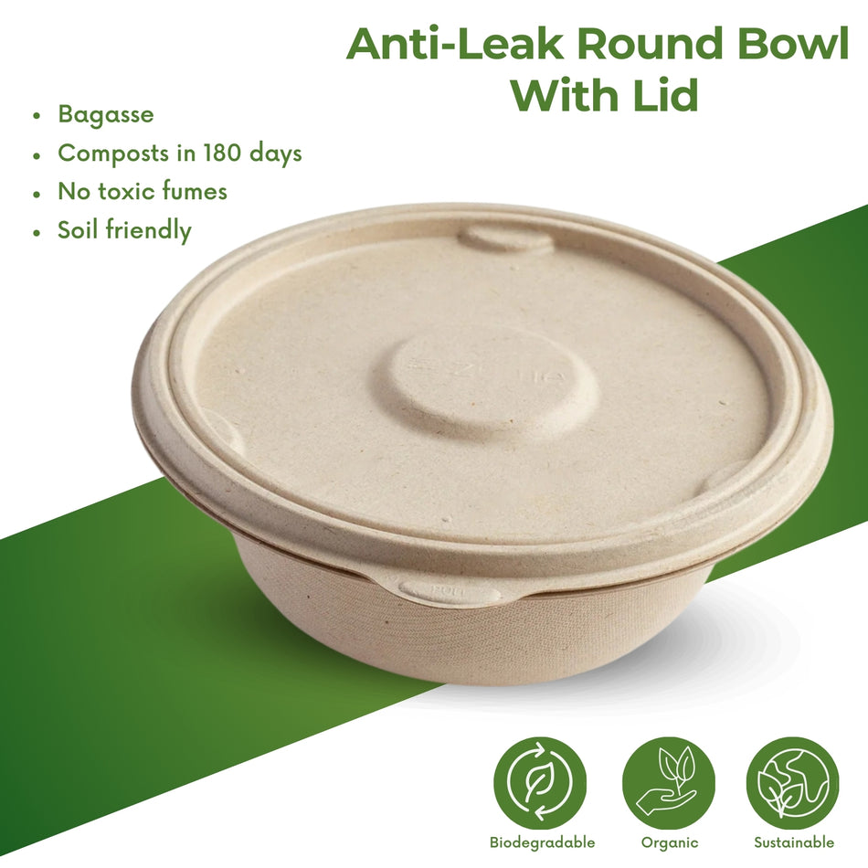 100% Bio Bagasse Anti Leak Round Container With Lid-1000ml