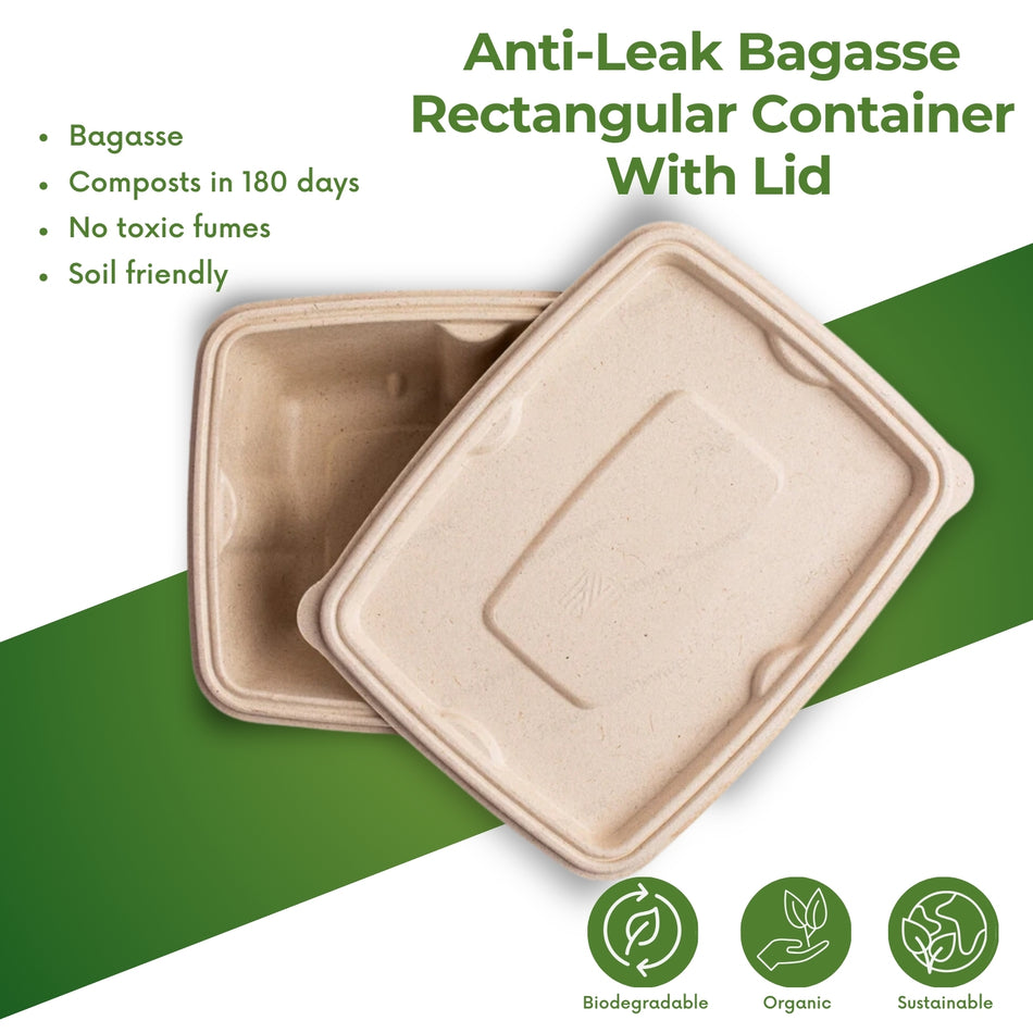 100% Bio Bagasse Anti Leak Rectangular Container With Lid-500ml/750ml/1000ml