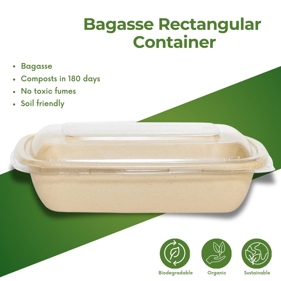 Baggase Rectangle Containers PET Lid -300Pcs/Box-750ml-1000ml