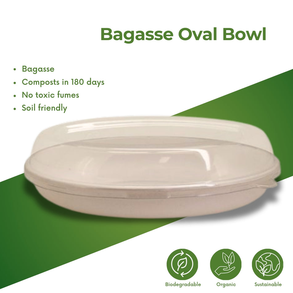 Bagasse Oval Bowl with PET Lid -300Pcs/Box-18oZ / 26oZ