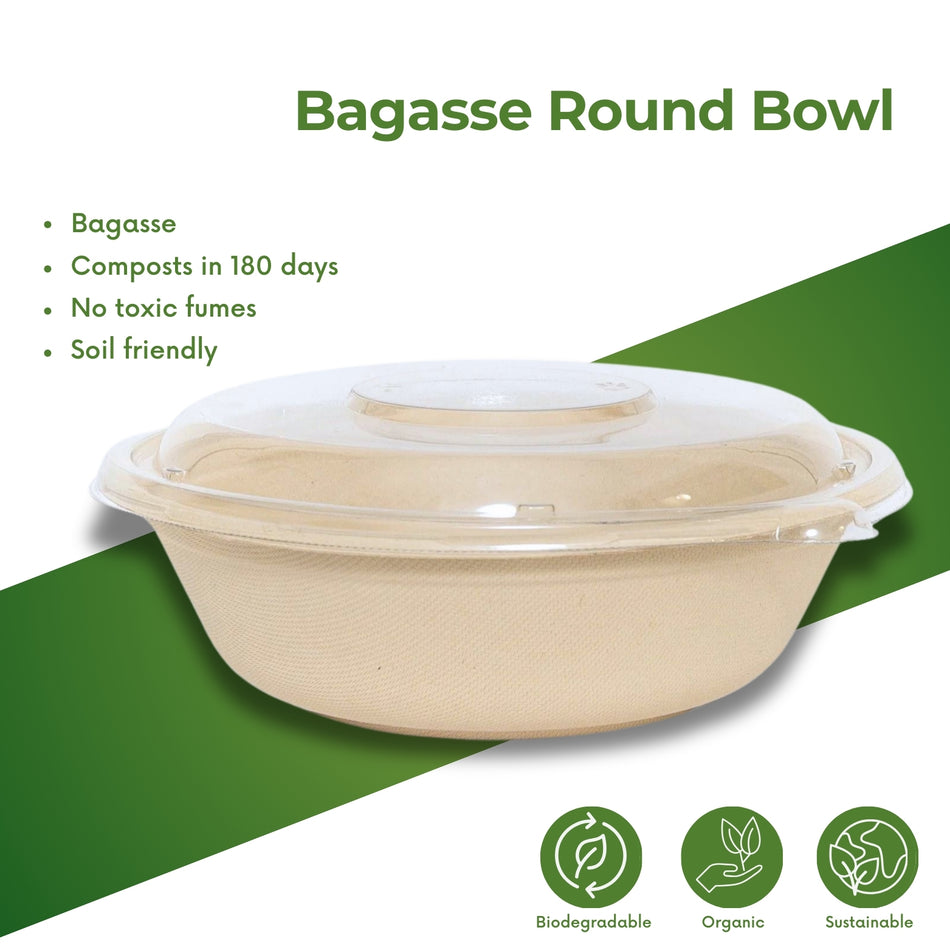 Bagasse Round Bowl with PET Lid -300Pcs/Box-16oZ / 32oZ-600Pcs/Box