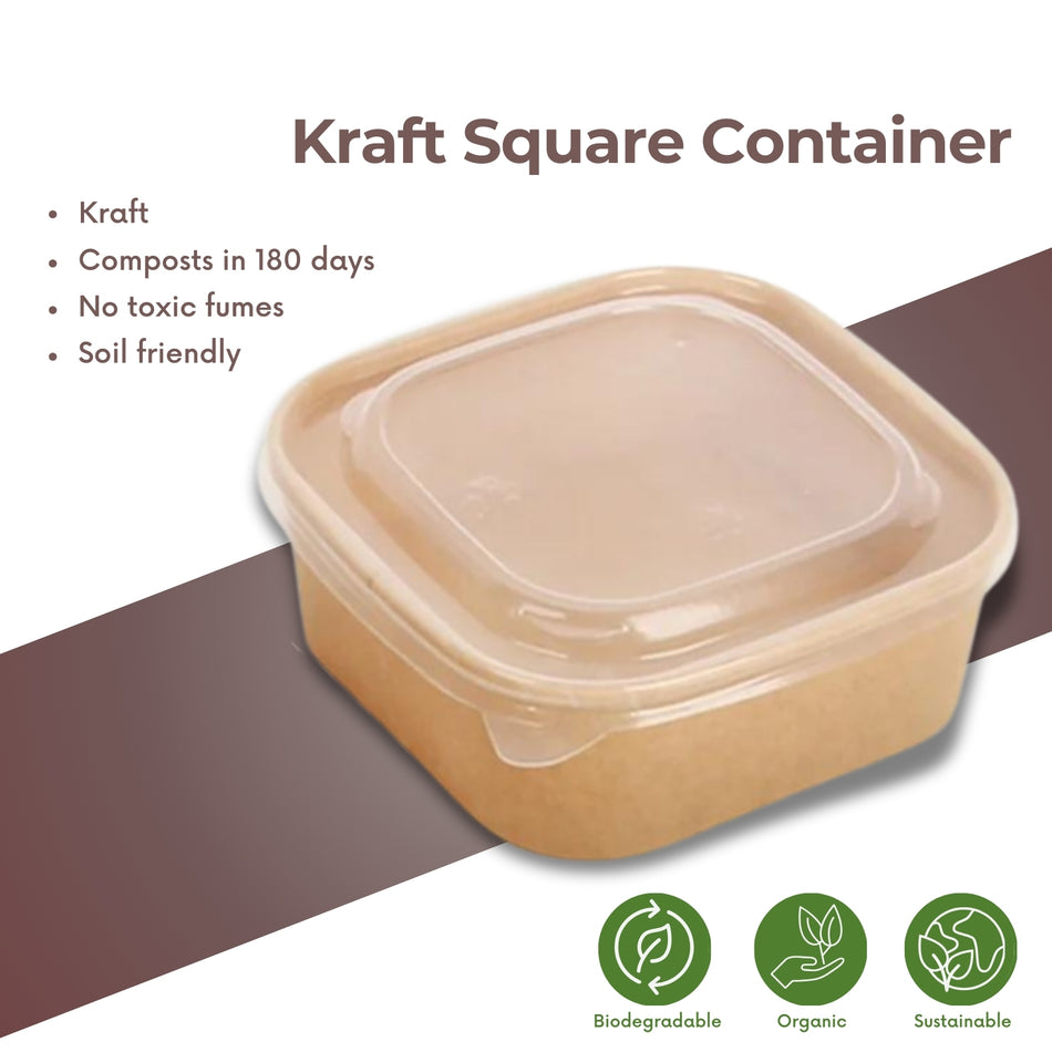 Kraft Square Containers PET Lid -300Pcs/Box-600ml/900ml-1200ml