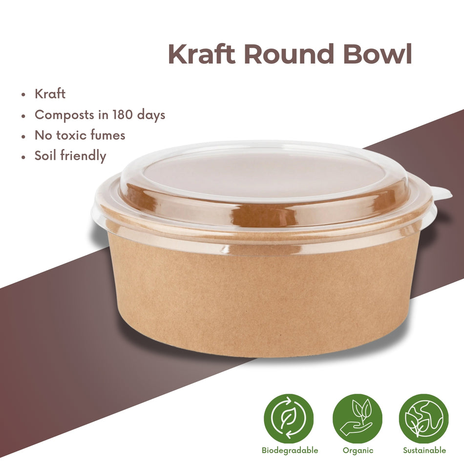 Kraft Round SaladBowl PET Lid -300Pcs/Box-500ml/750ml/1000ml/1300ML