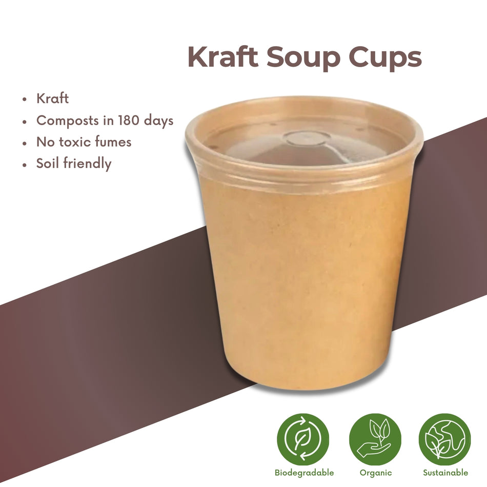 Kraft Soup Bowl PP Lid -500Pcs/Box-8Oz/12Oz/16Oz/26Oz/32Oz