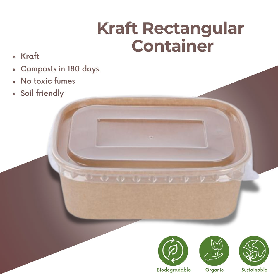 Kraft Rectangle Containers PET Lid 300Pcs/CTN-500ml